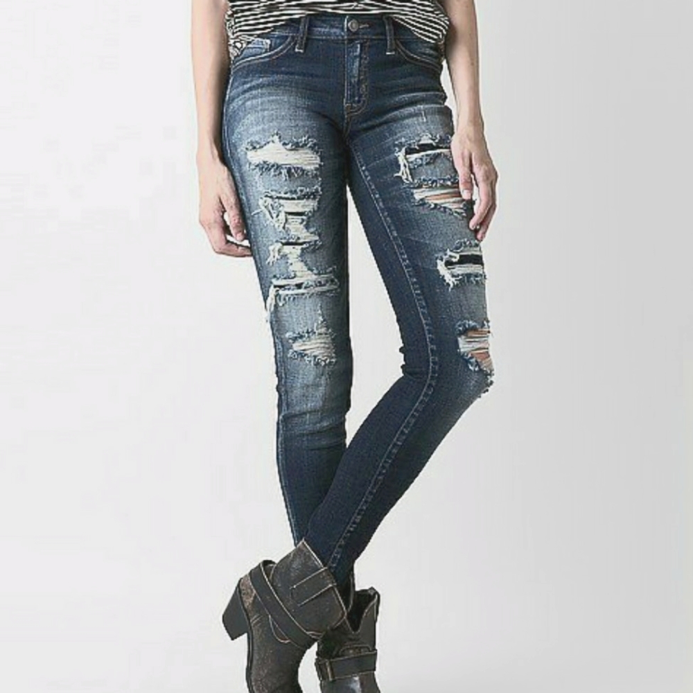 🖤 Silver Suki Factory Ripped Frayed Lace Patch Skinny Denim Jeans W29 L31